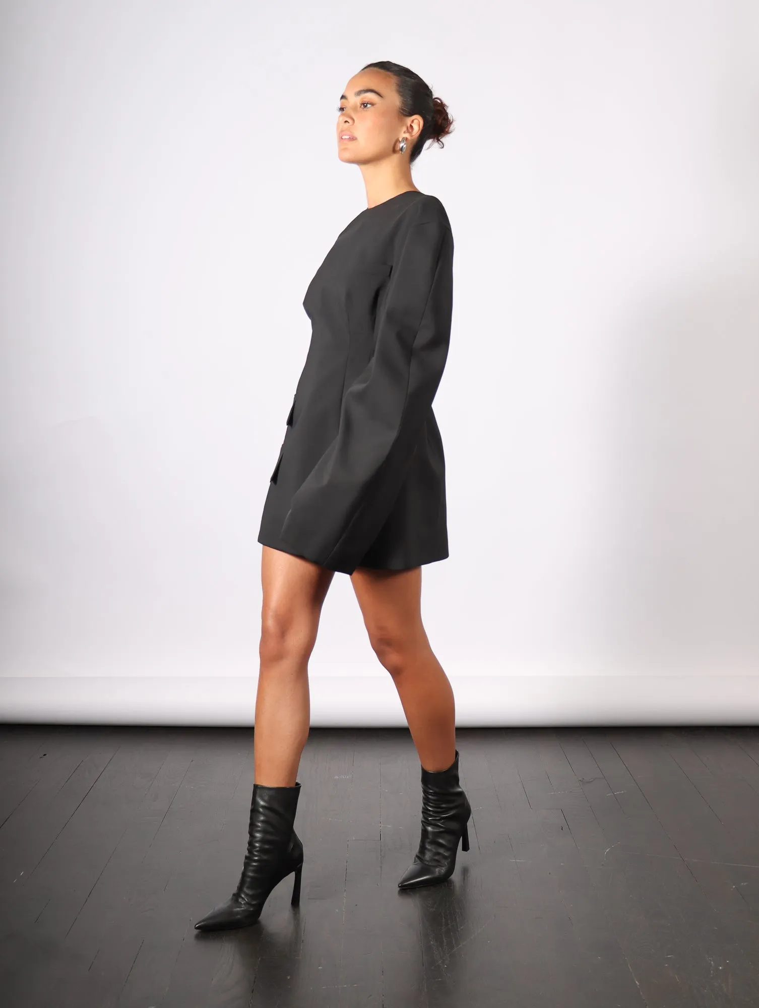 Rounded Sleeve Tailored Mini Dress in Black by A.W.A.K.E. Mode