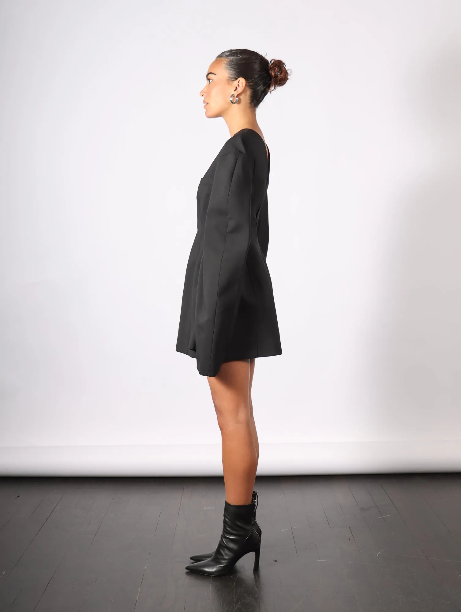 Rounded Sleeve Tailored Mini Dress in Black by A.W.A.K.E. Mode