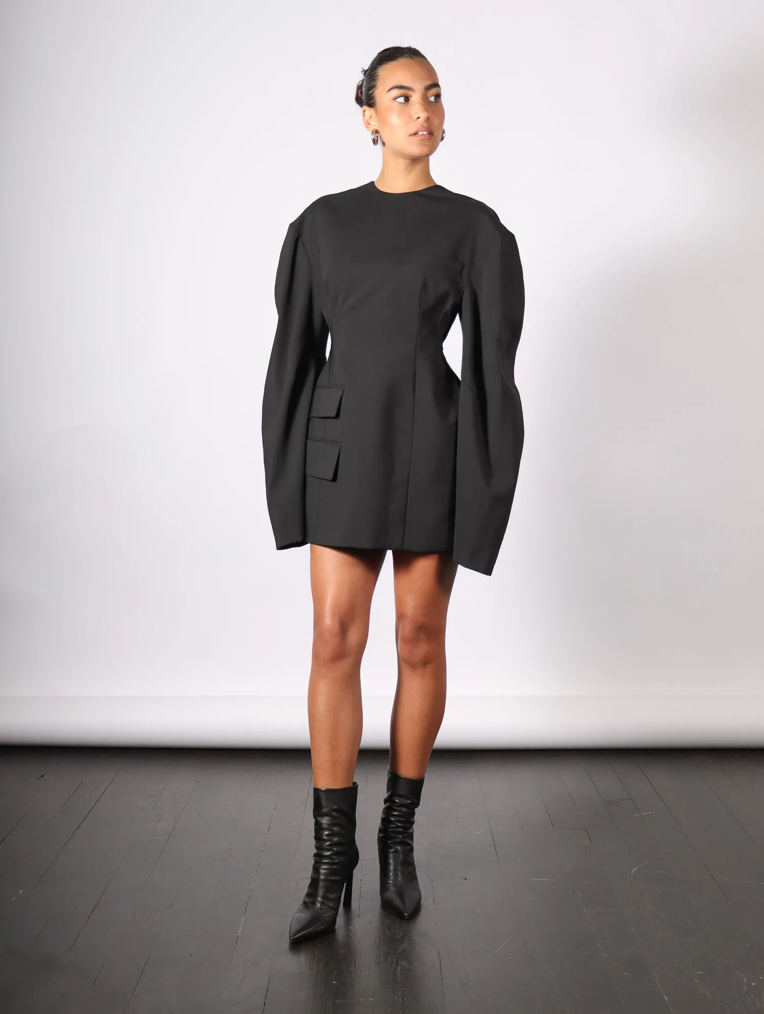 Rounded Sleeve Tailored Mini Dress in Black by A.W.A.K.E. Mode