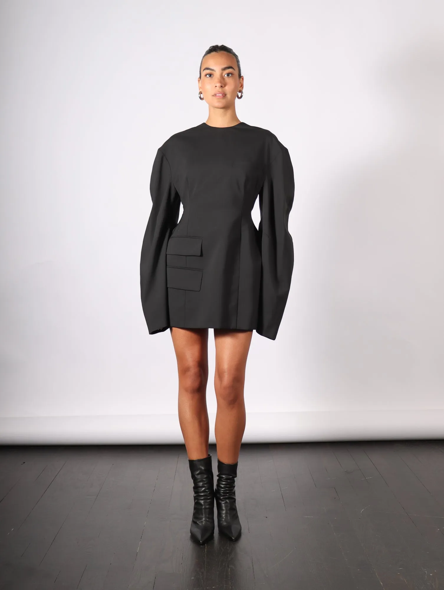 Rounded Sleeve Tailored Mini Dress in Black by A.W.A.K.E. Mode