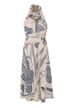 Silky Satin Printed Twist Neck Ruched Sleeveless French Midi Sundress