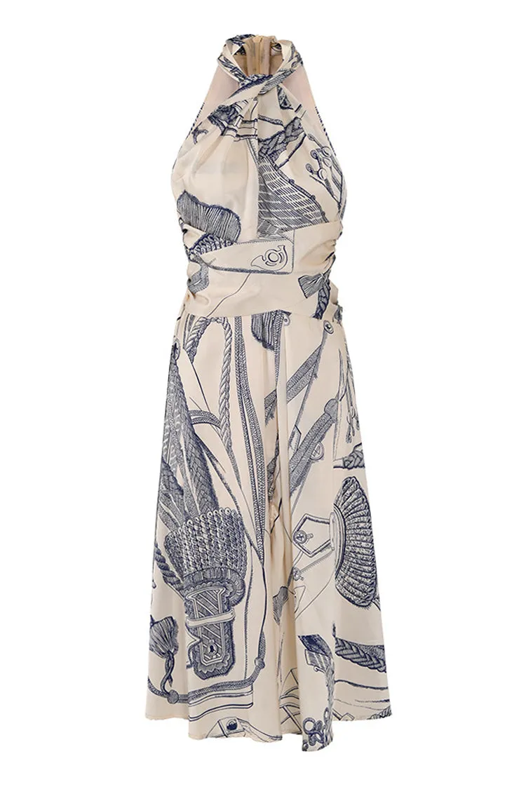 Silky Satin Printed Twist Neck Ruched Sleeveless French Midi Sundress