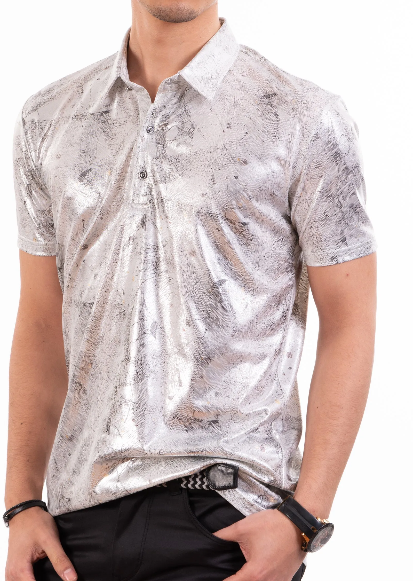 Silver Brushstroke Spandex Print Polo