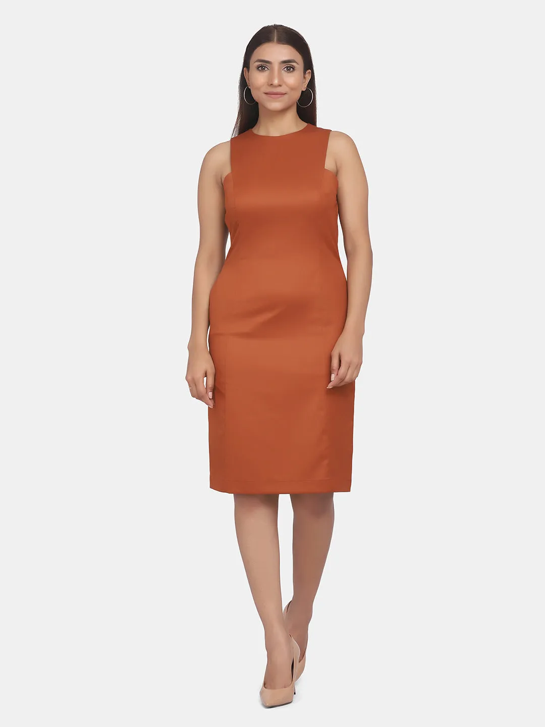 Sleeveless Formal Straight Dress For Work - Burnt Orange