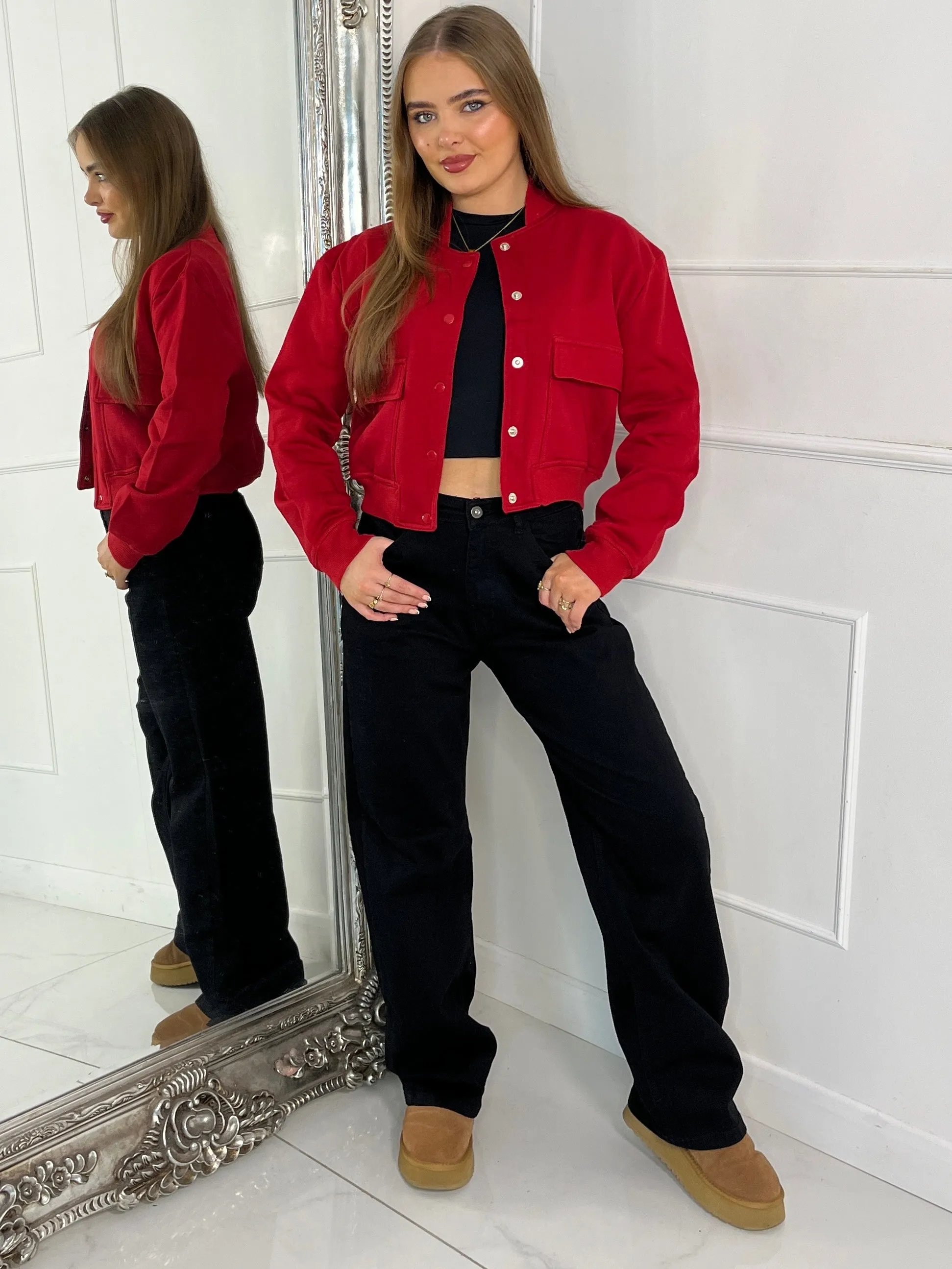 Soft Cotton Cropped Pocket Detail Bomber Jacket - Red