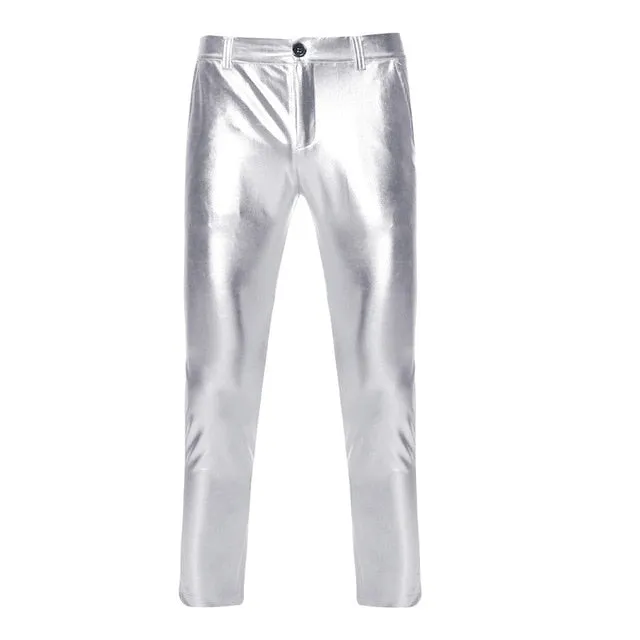 Solid Coated Metallic Skinny Shiny Stage Style Men Pants