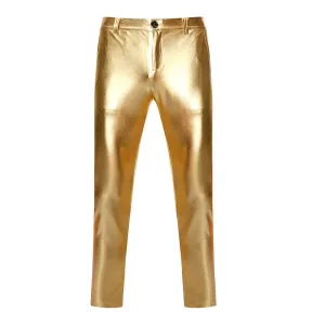 Solid Coated Metallic Skinny Shiny Stage Style Men Pants