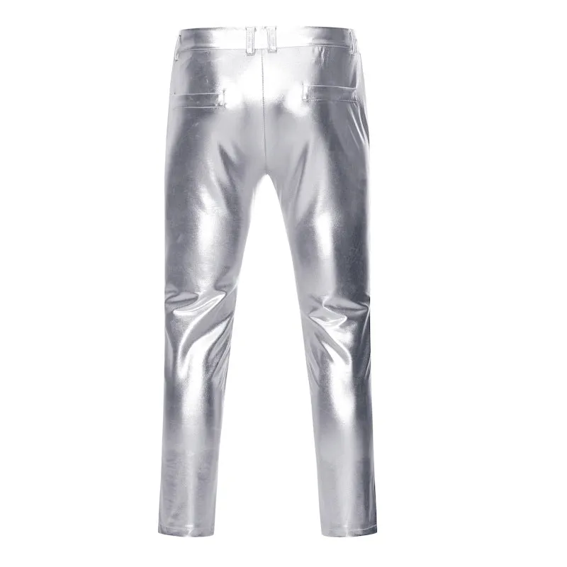 Solid Coated Metallic Skinny Shiny Stage Style Men Pants