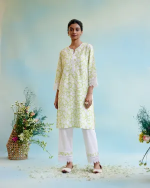 Spring Green Cotton Linen Kurta with 
delicate lace detailing with Narrow Pants