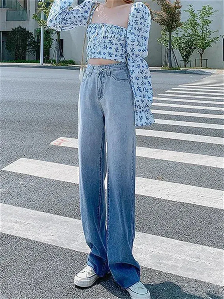 Spring High Waist Gradient Denim Capris Mom Jeans