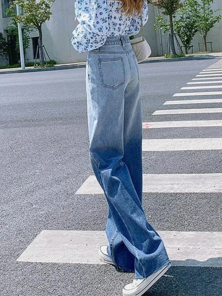 Spring High Waist Gradient Denim Capris Mom Jeans