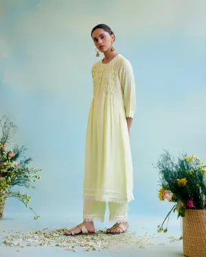 Sunny Lime Pearl Kurta in Silky Modal with Beaded Smocking and Delicate Lace Detaling with Wide Leg Pants