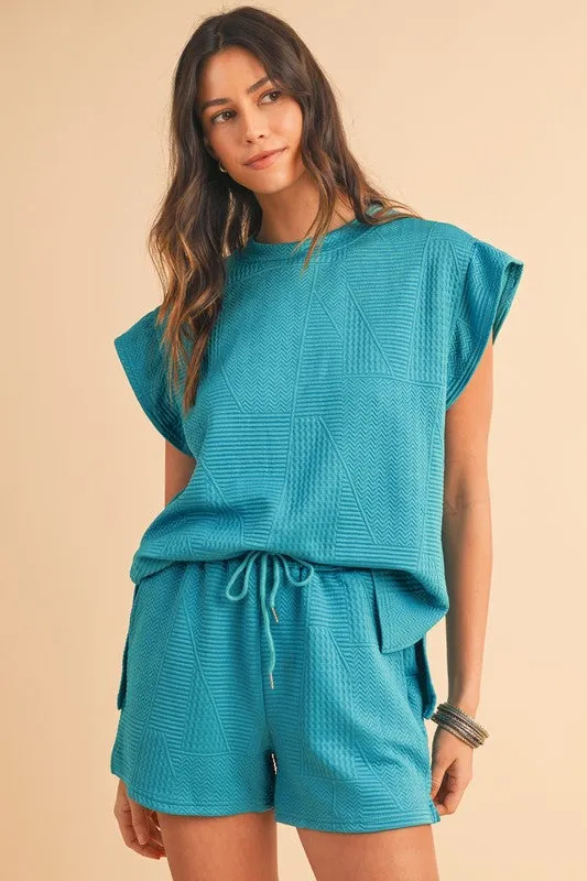 Textured Ruffle Split Top and Drawstring Shorts