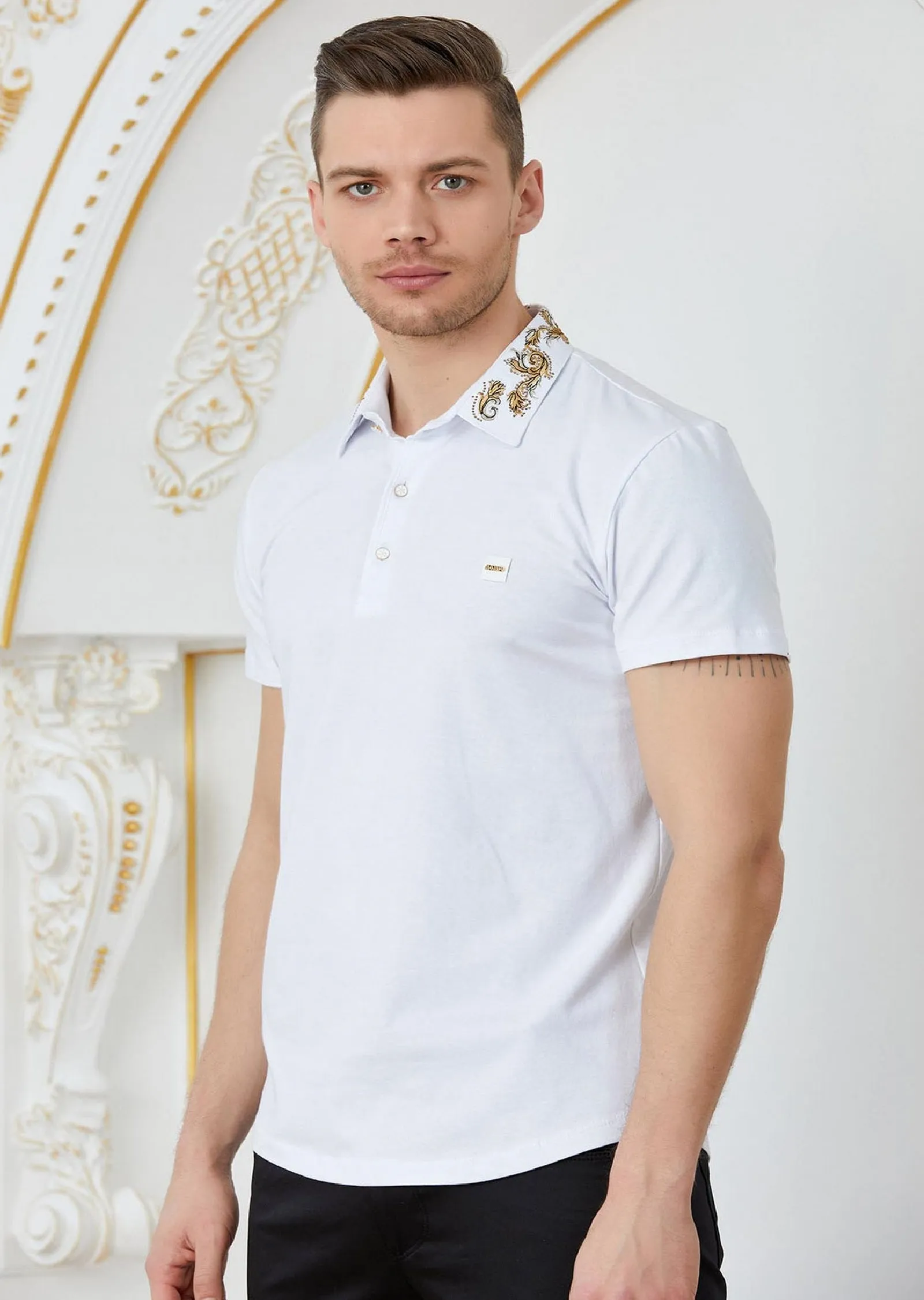 White Embroidery Rhinestone Polo