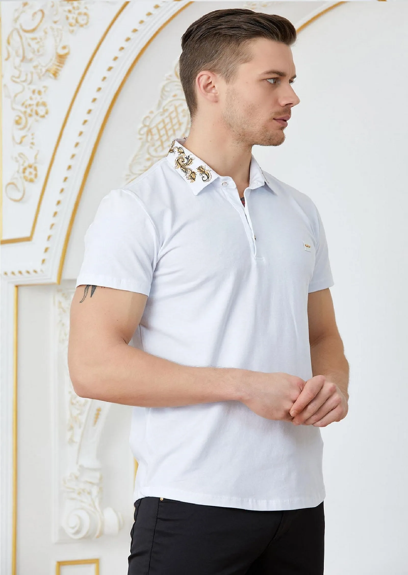 White Embroidery Rhinestone Polo