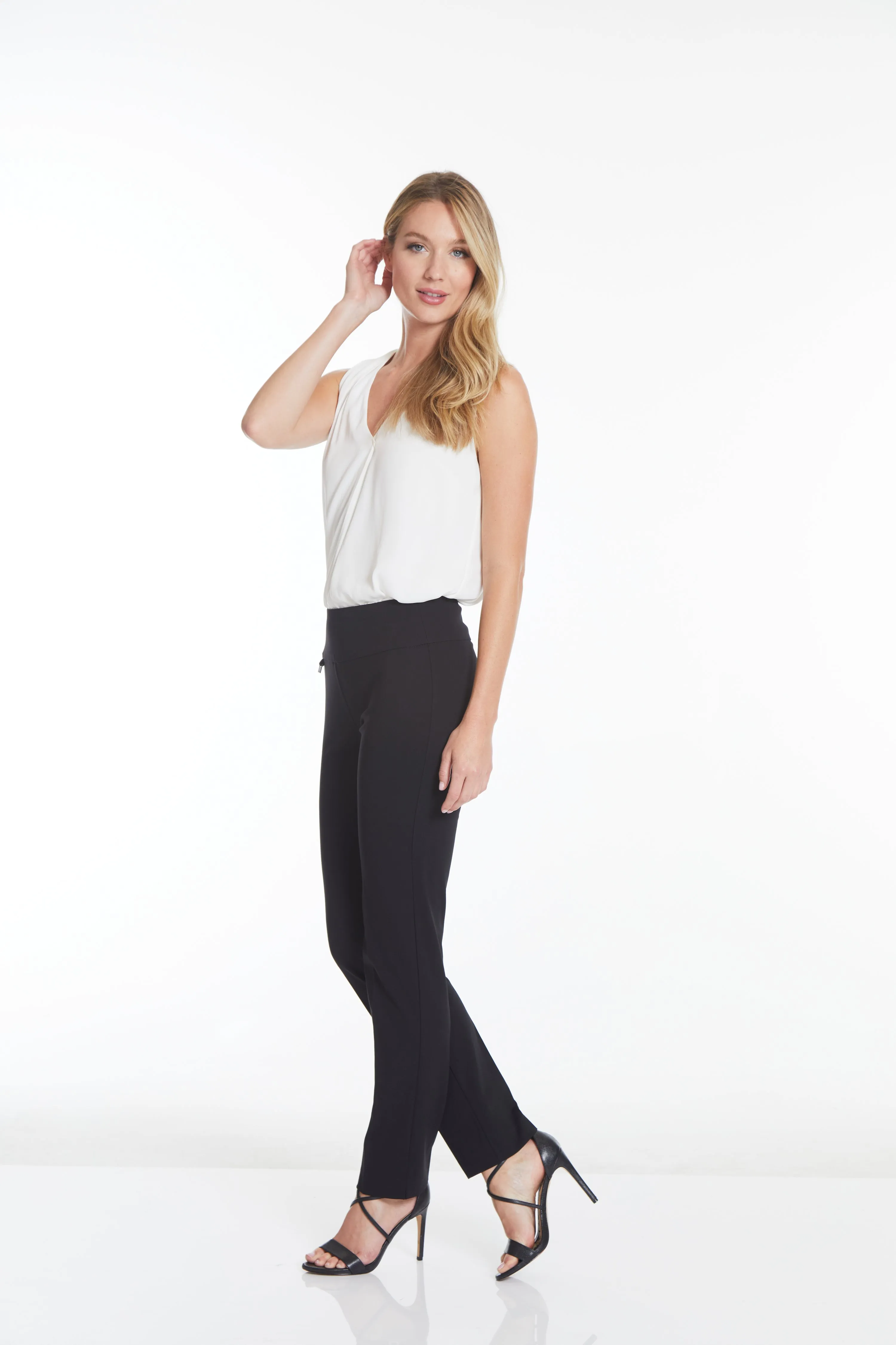 Wide Band Elastic Waist Black Ankle Pants